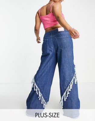 New Girl Order Curve fray detail super wide leg jeans in indigo blue