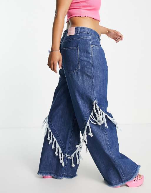 Dark Blue, Fringed Wide Leg Jeans, High Waist Jeans