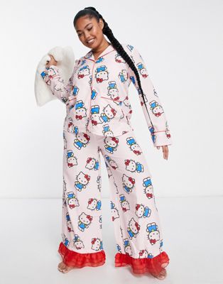 New Girl Order Curve Hello Kitty printed revere trouser pyjama set with organza trim in pink and red