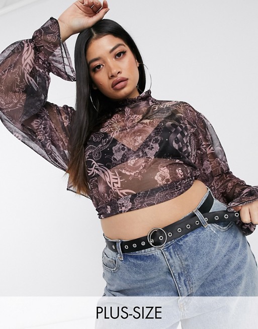 New Girl Order Curve high neck mesh crop top with open back in tattoo graphic