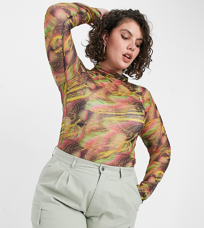 New Girl Order Curve high neck mesh fitted top in psychedelic print-Green