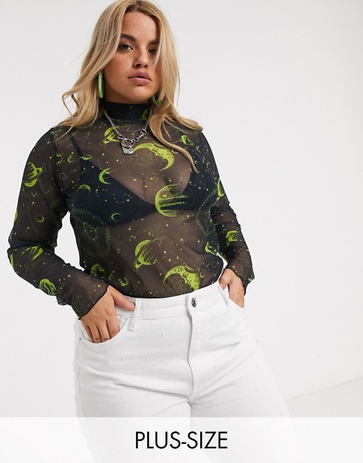 New Girl Order Curve high neck mesh top in moon and star print