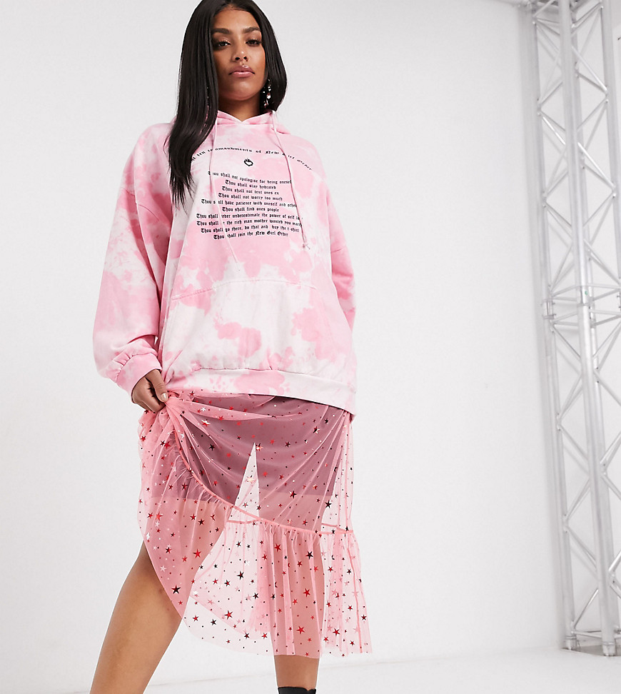 New Girl Order Curve midi skirt in star print mesh with ruffle hem-Pink