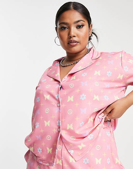 Women Shirts & Blouses/New Girl Order Curve oversized boxy shirt in monogram print co-ord 