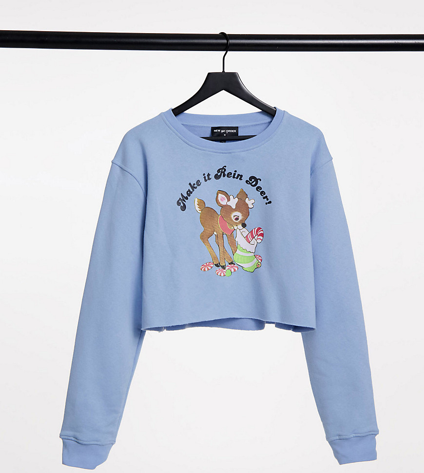 New Girl Order Curve - Oversized cropped sweatshirt met vintage 'Make it Rein Deer' kerstprint-Blauw
