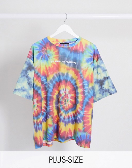 New Girl Order Curve oversized festival t-shirt in rainbow tie dye with i'll bring you flowers text