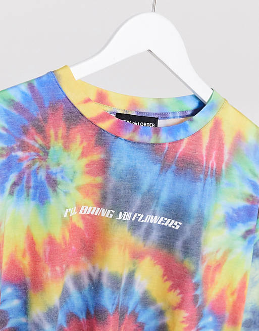 New Girl Order Curve oversized festival t-shirt in rainbow tie dye with  i'll bring you flowers text