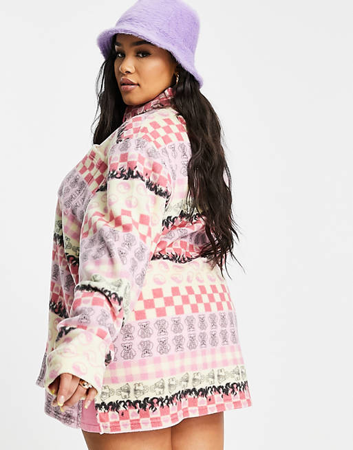 Tops New Girl Order Curve oversized fleece shirt in mix print 