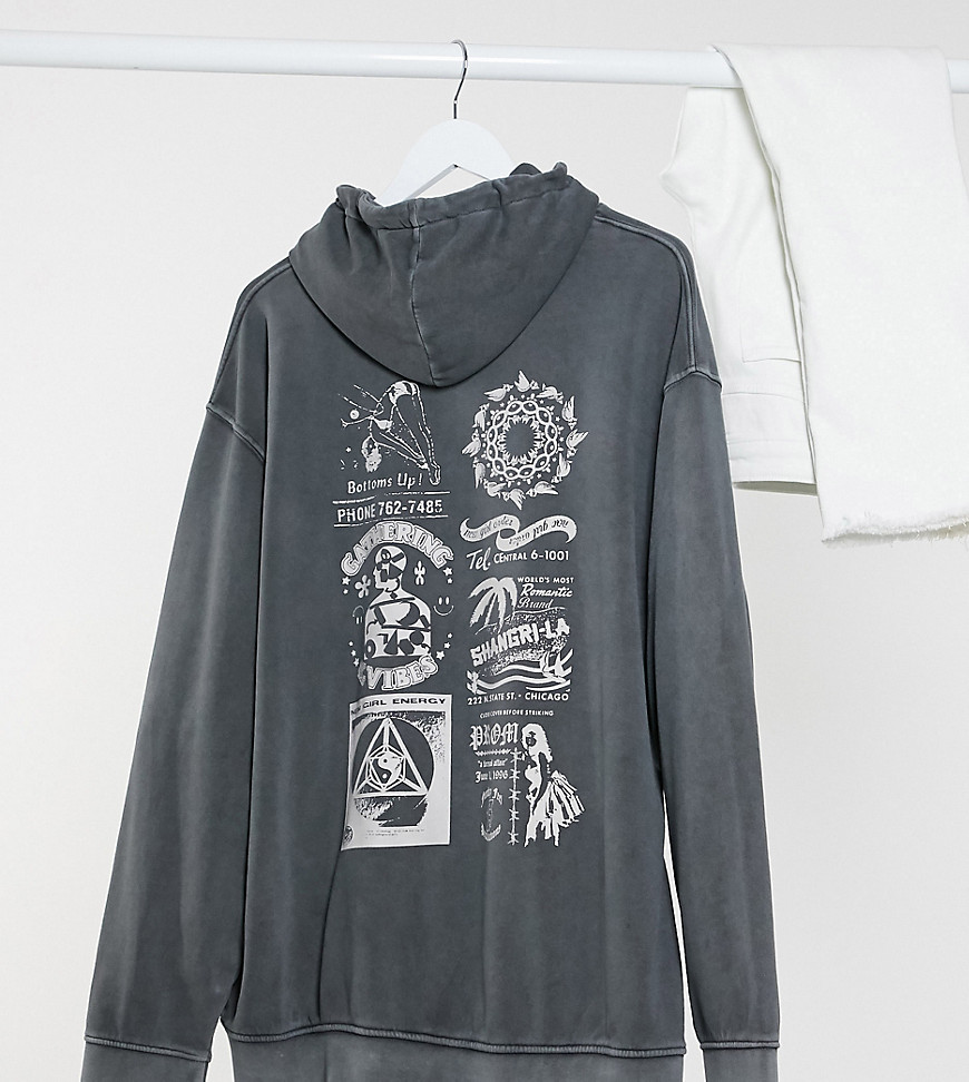 New Girl Order Curve oversized hoodie with diamante front logo and back graphic in washed gray-Grey