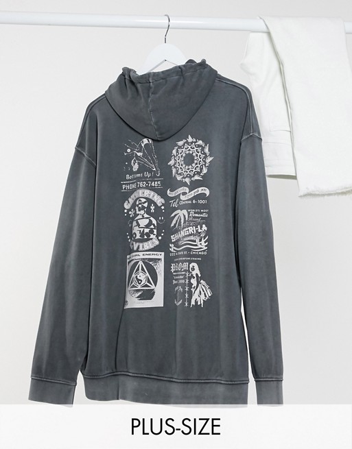 New Girl Order Curve oversized hoodie with diamante front logo and back graphic in washed grey