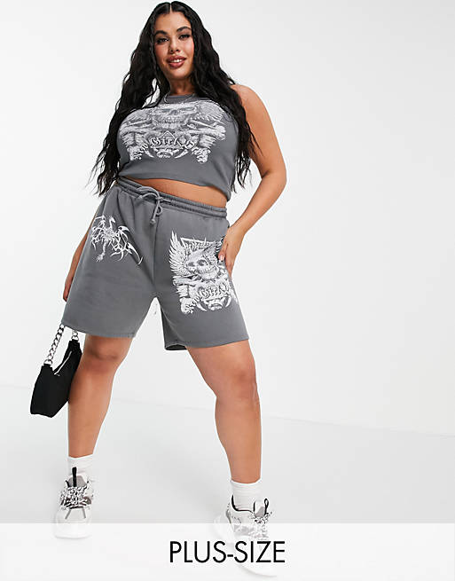 New Girl Order Curve oversized sweat shorts with grunge graphic co-ord
