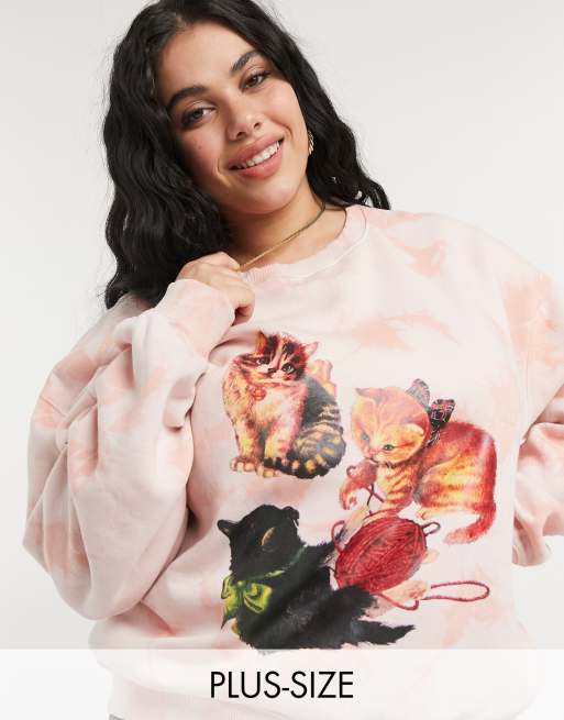 New Girl Order Curve oversized sweatshirt in tie-dye with kitten graphics co-ord