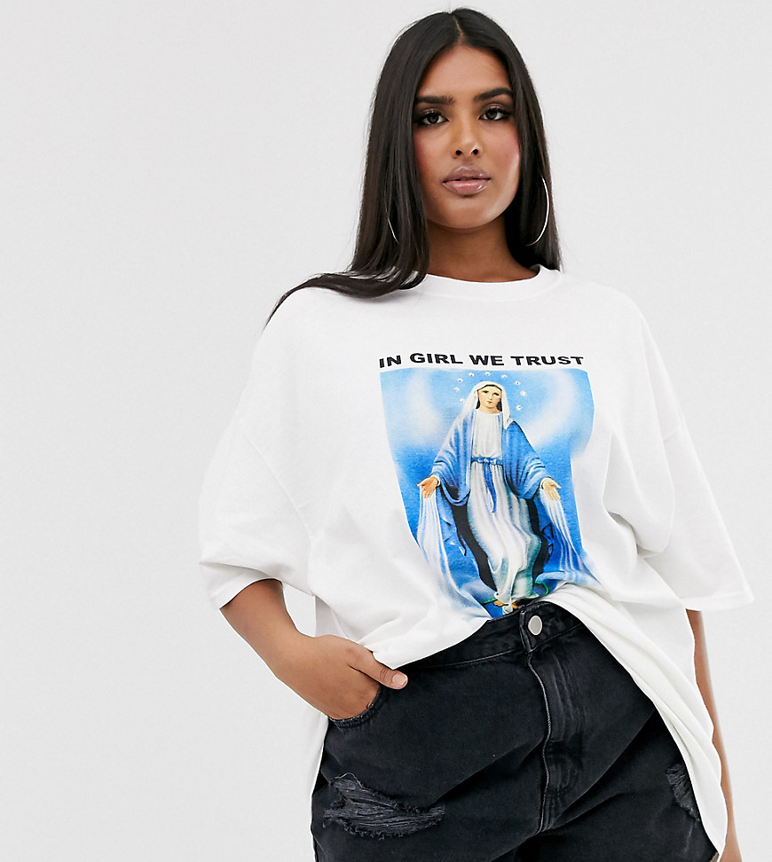 New Girl Order Curve - Oversized T-shirt met 'in girl we trust'-print en siersteentjes-Wit