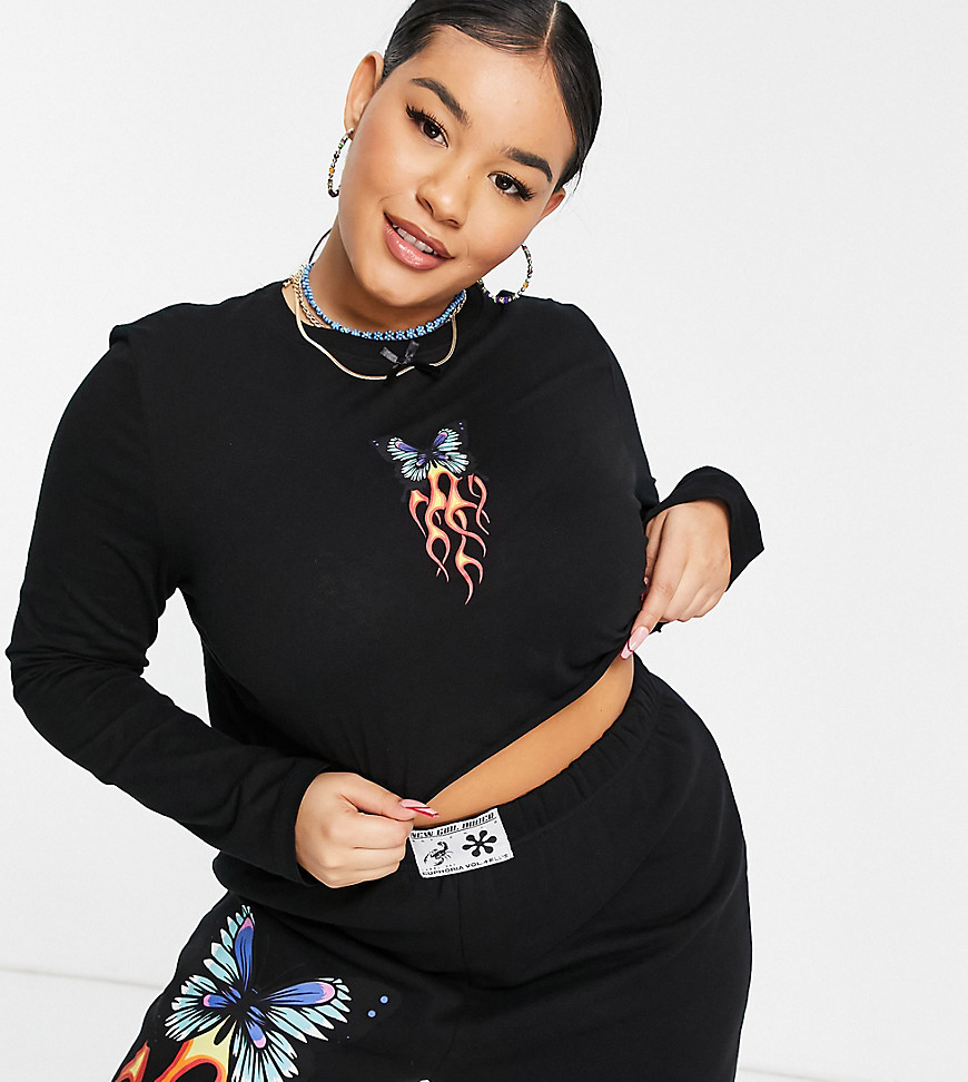 New Girl Order Curve set long sleeve crop top with butterfly flame graphic-Black