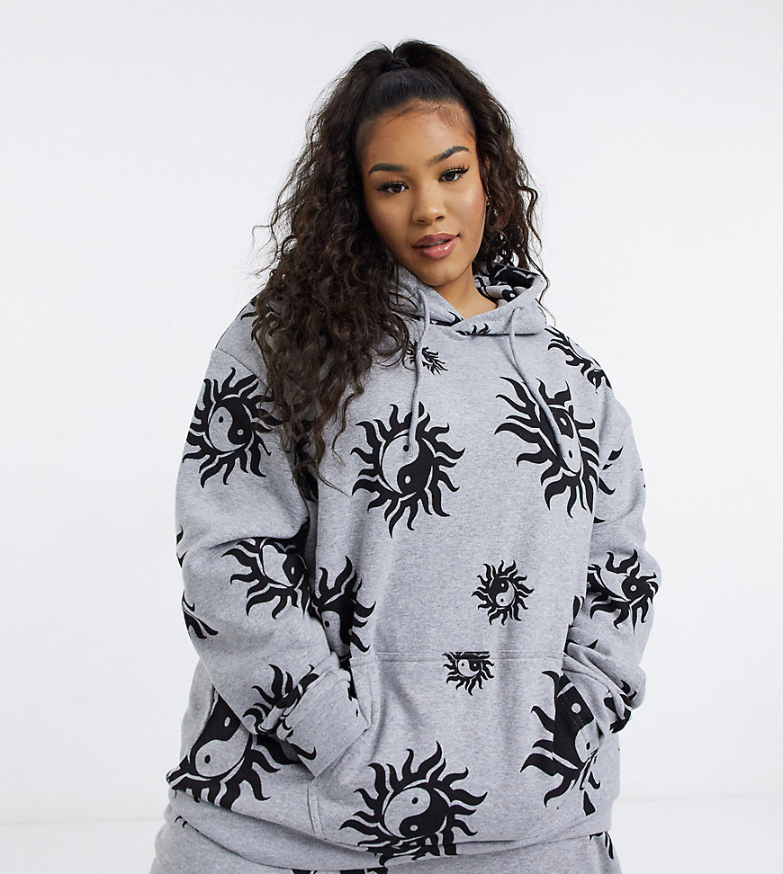 New Girl Order Curve set oversized hoodie in all over ying and yang print-Grey