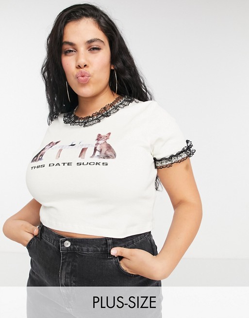 New Girl Order Curve shrunken t-shirt with lace trim and dog date graphic