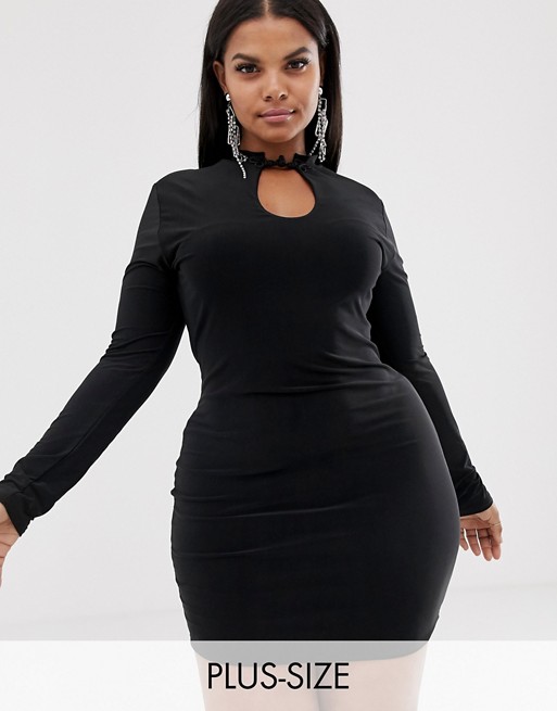 New Girl Order Curve slinky bodycon dress with high neck with cut out detail