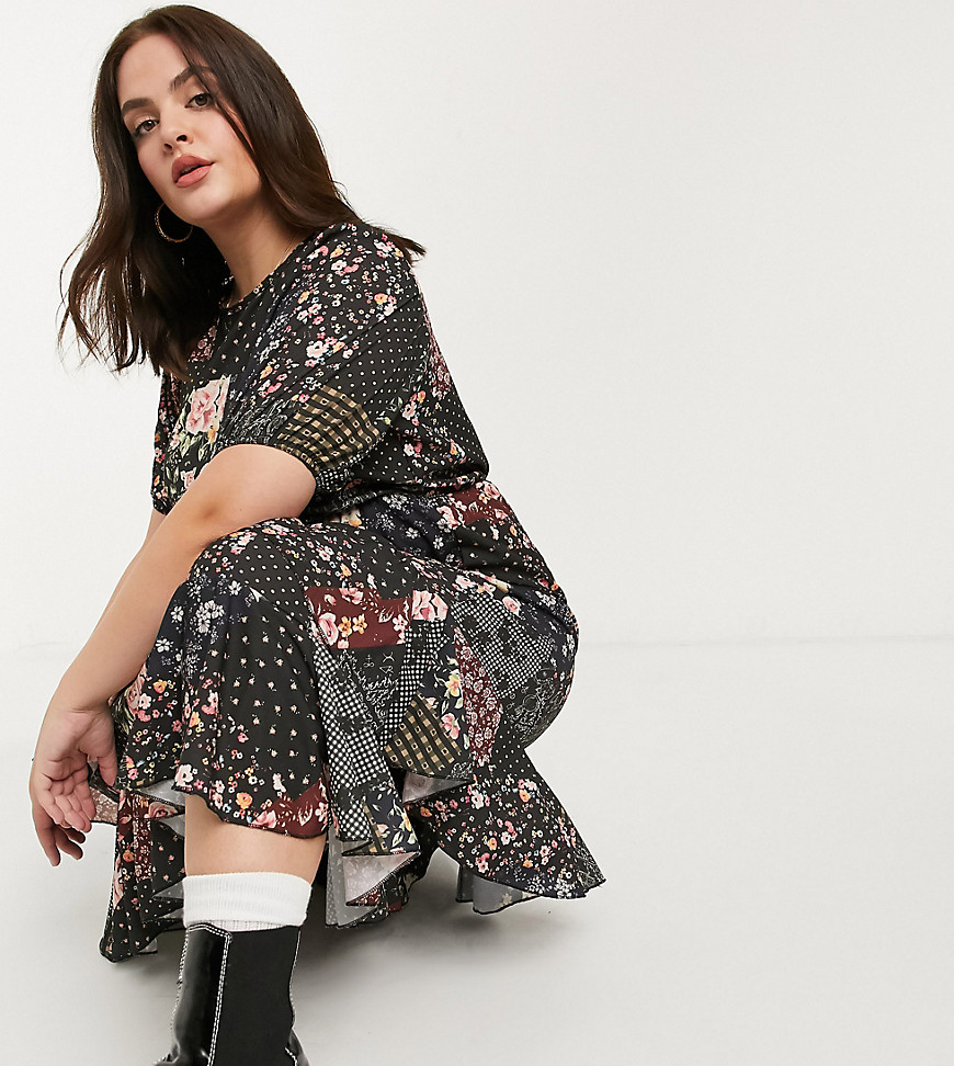 New Girl Order Curve – Smockklänning i midi- och oversize-modell med blommigt patchwork-mönster-Svart