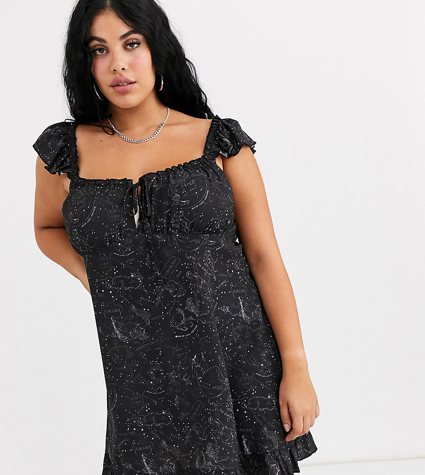 New Girl Order Curve square neck tea dress in mix zodiac graphic with frill detail-Black