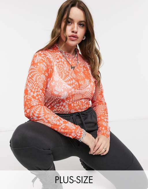 New Girl Order Curve – Svartvit body i mesh med hög krage och psykedeliskt mönster