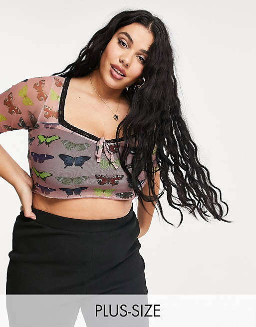 New Girl Order Curve sweetheart neck mesh crop top in butterfly print