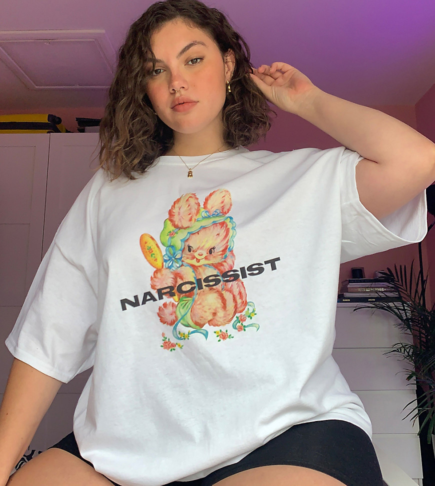 New Girl Order Curve – T-shirt i oversize med narcissistiskt kanintryck-Vit