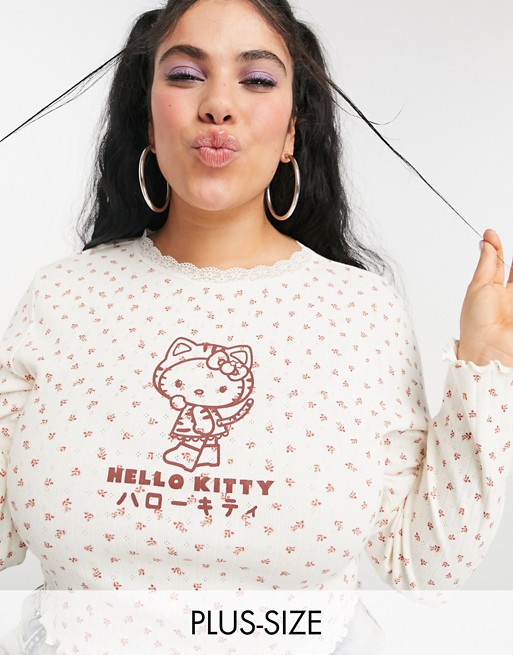 New Girl Order Curve x Hello Kitty floral long sleeve ribbed top with lace neck and print
