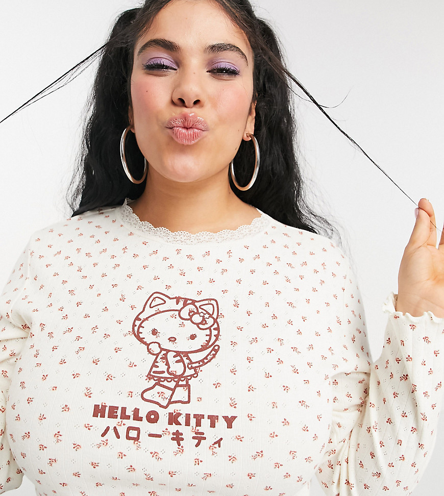 New Girl Order Curve x Hello Kitty floral long sleeve ribbed top with lace neck and print-White