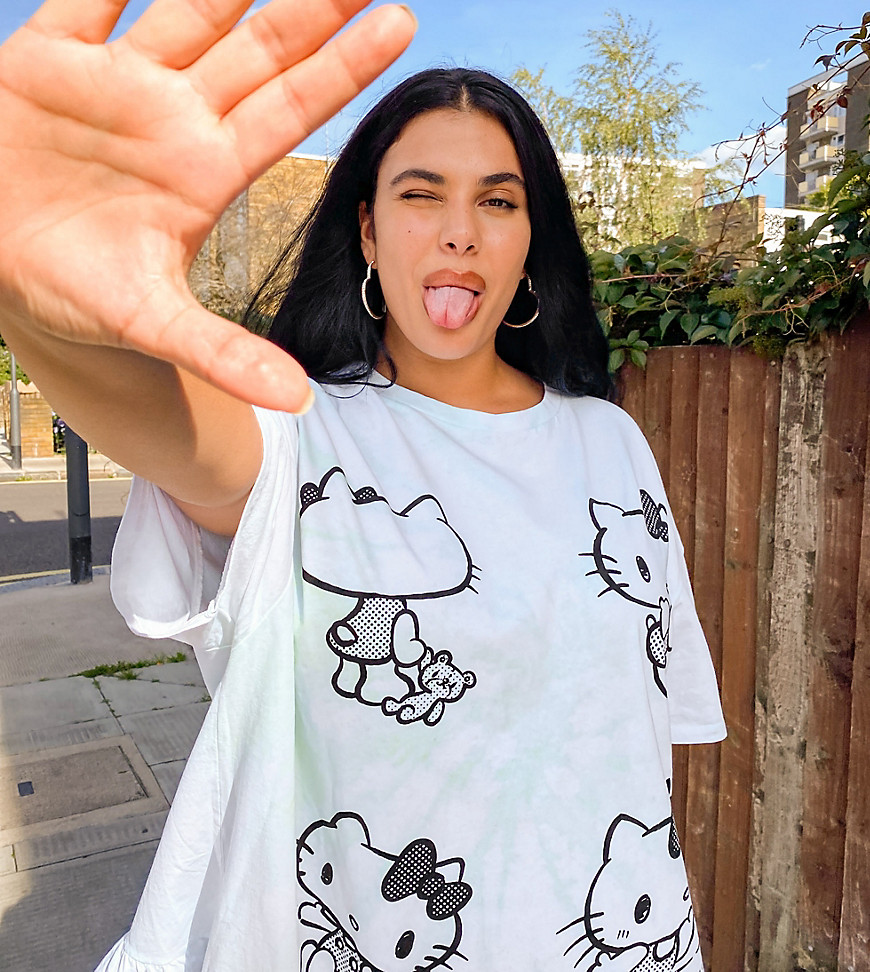 New Girl Order Curve x Hello Kitty oversized t-shirt dress with frill hem in tie dye with graphics-Green