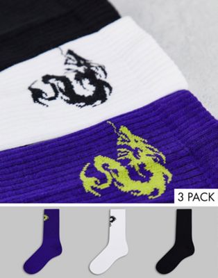 New Girl Order dragon detail 3 pack socks in purple multi
