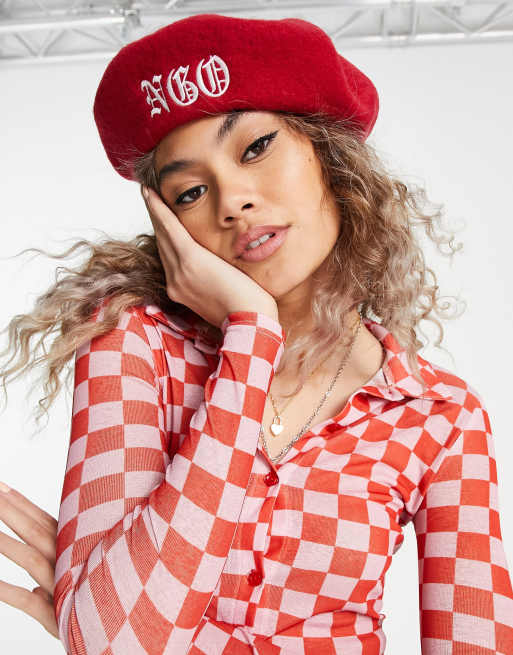 New Girl Order embroidered initials beret in burgundy