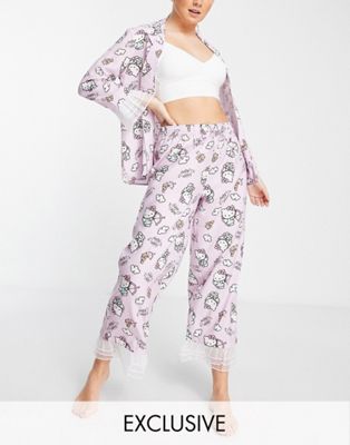 New Girl Order Exclusive Hello Kitty frill cuffs revere top and trouser set in pink