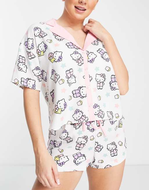 New Girl Order - Exclusive - Pyjamaset van top en short met reverskraag en 'Hello Kitty Popcorn and Stars'-print in wit