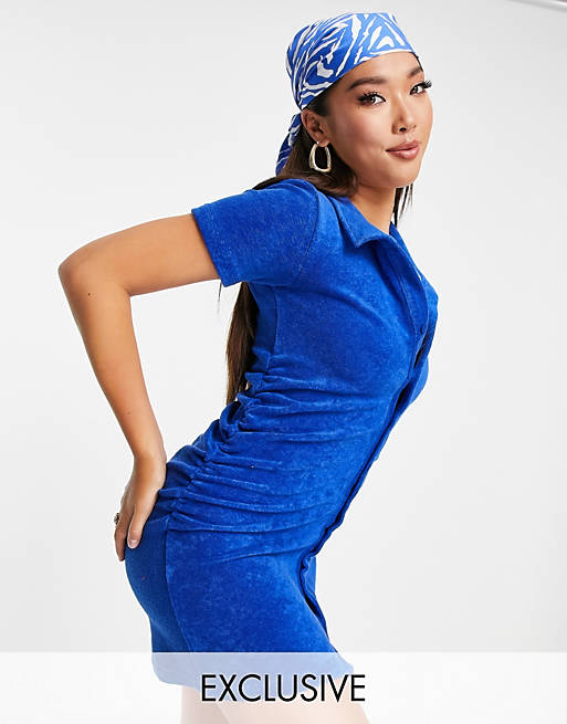 Swimwear & Beachwear New Girl Order Exclusive terry towelling ruched mini beach dress in blue 