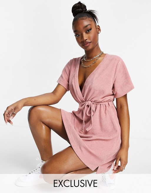 New Girl Order Exclusive terry towelling wrap mini dress in blush pink