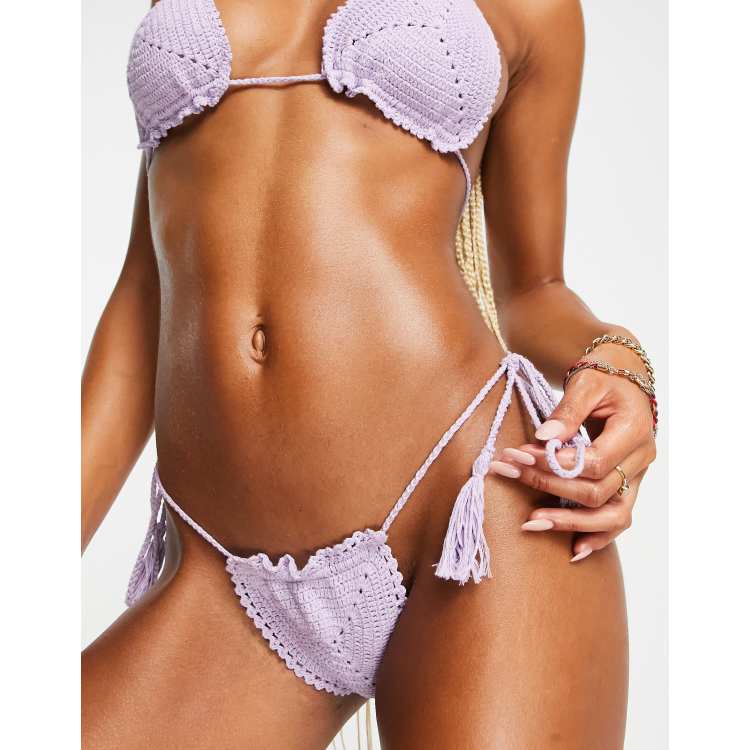 New Girl Order festival tie side bikini bottom in lilac crochet ASOS