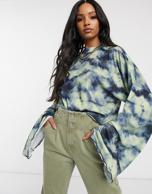 New Girl Order flared long sleeve crop top in ribbed washed tie-dye