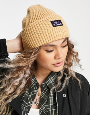New Girl Order good times slogan ribbed beanie in camel