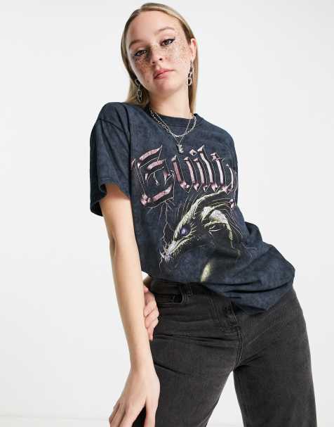 New Girl Order - Guilty - Oversized T-shirt met drakenprint in zwart met wassing - view 1