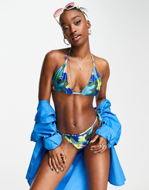 Blue Floral Tie High Cut Leg Bikini Bottom