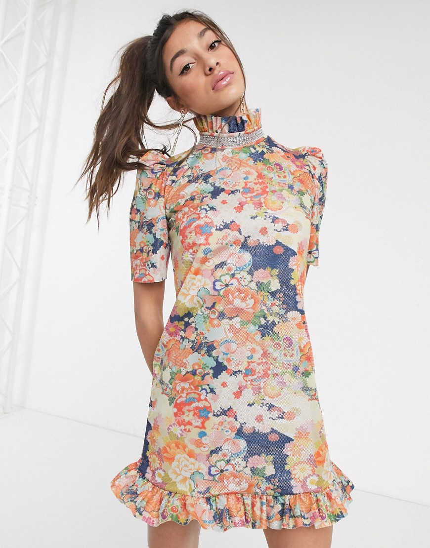 New Girl Order - Hoogsluitende mini-jurk met pofmouwen, ruches onderaan en kraag met diamantjes-Multi