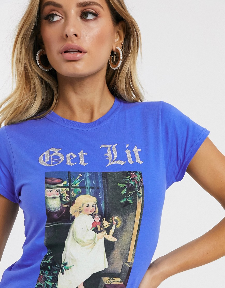 New Girl Order - Kertmis - T-shirt met get lit glitterprint-Blauw