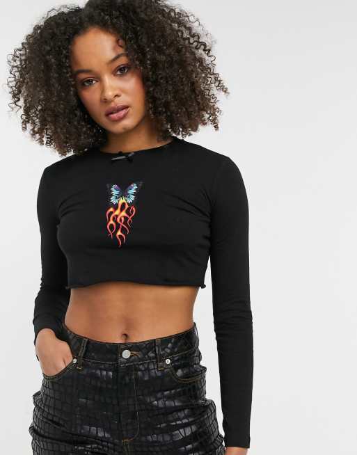 New Girl Order - Langærmet croptop med sommerfugle- og flammegrafik - Del af sæt
