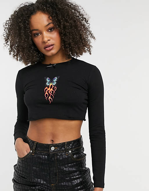 New Girl Order long sleeve crop top with butterfly flame graphic co-ord