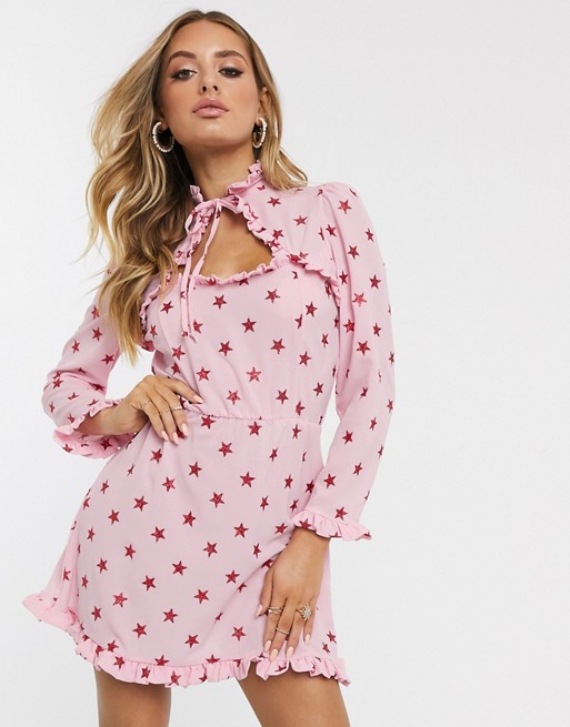 New Girl Order long sleeve tea dress with cup detail in metallic star print