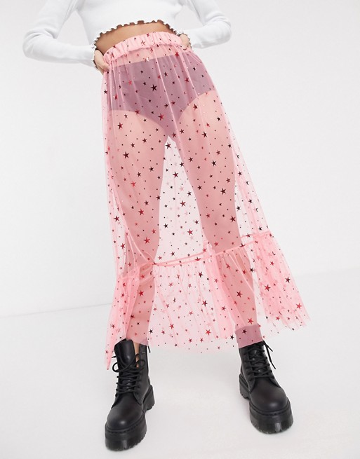 New Girl Order midi skirt in star print mesh with ruffle hem