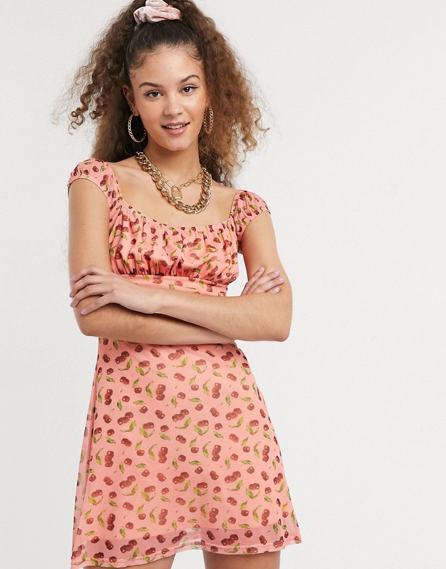 New Girl Order - Mini-jurk met ruches en kersenprint-Roze