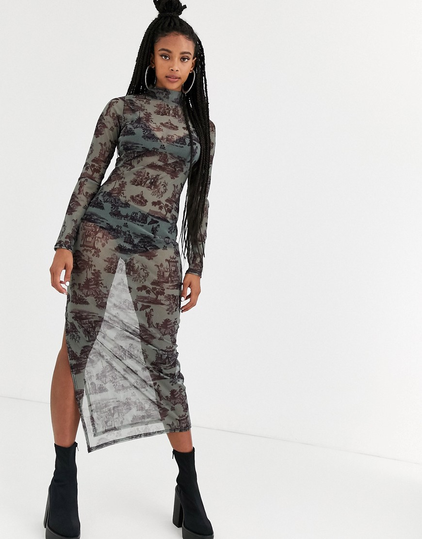 New Girl Order – Mönstrad, krinklad bodycon-maxiklänning i mesh med hög krage-Blå