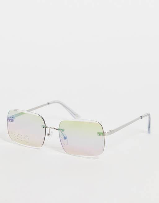 New Girl Order - Occhiali da sole squadrati senza bordo iridescenti con logo con strass