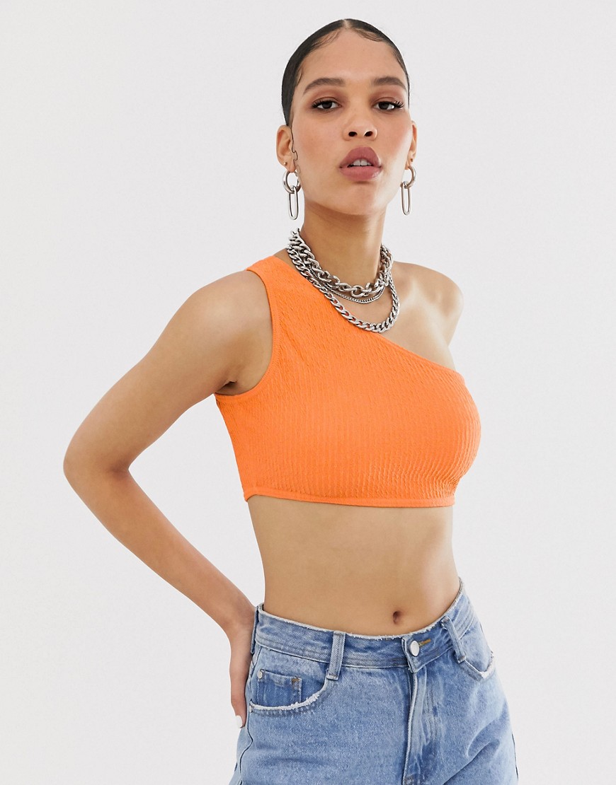 New Girl Order one shoulder crop top in neon crinkle-Orange